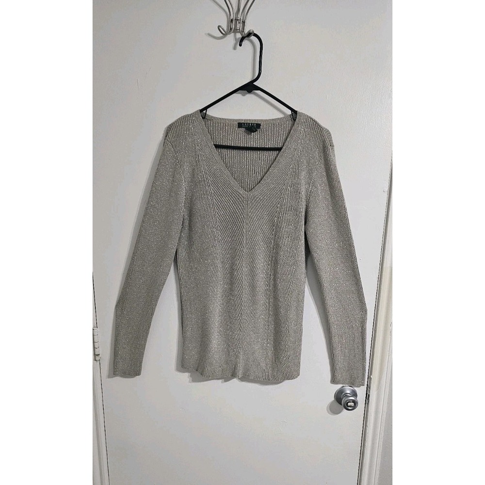 LAUREN RALPH LAUREN Metallic Silver V-Neck Knit Sweater Size XL Preppy Party